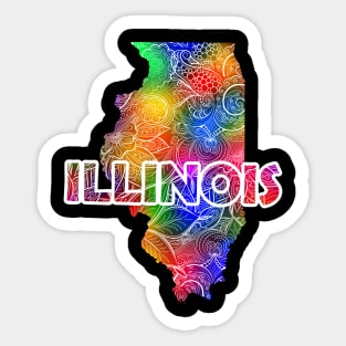 Colorful mandala art map of Illinois with text in multicolor pattern Sticker